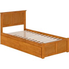 a wooden bed frame with two drawers on each side and no headboard or foot board