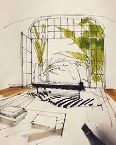 a drawing of a living room with plants in it