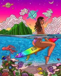 a painting of a woman on a surfboard in the ocean with other sea creatures