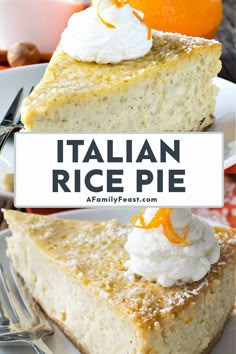 a slice of italian rice pie on a plate with whipped cream and oranges in the background