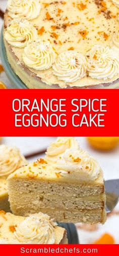 orange spice eggnog cake with cream cheese frosting and an orange slice on top