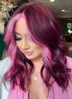 Vibrant Red Purple Hair, Hair Colour Ideas Vibrant, Red On Red Hair Color, Pink On Top Blonde On Bottom Hair, Panel Hair Coloring, Easy Style For Medium Hair, Burgundy Hair With Purple Money Piece, Bright Summer Hair Color Fun, Purple Pink Underneath Hair