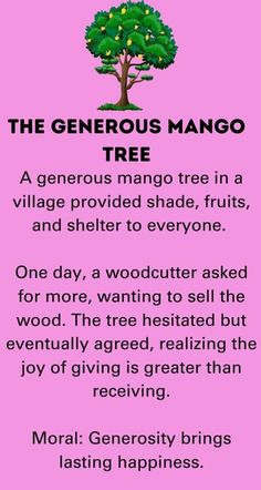 a pink poster with an image of a tree and the words, the generous mango tree