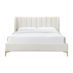 a bed with white sheets and pillows on top of it, in front of a white background