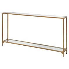 a gold metal and glass console table with shelves on each side, against a white background