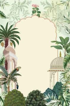 an image of a tropical scene with palm trees and other plants on the side of it