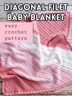 a pink and white crochet baby blanket with text that reads, diagonal knit baby blanket easy crochet pattern