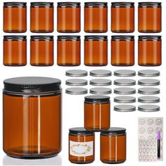 12 jars with lids and stickers are shown