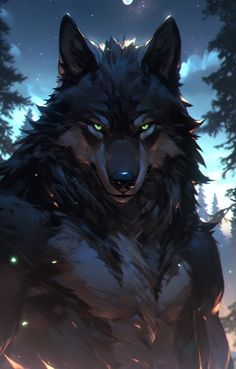 a wolf with glowing eyes standing in front of the night sky and trees, looking into the distance