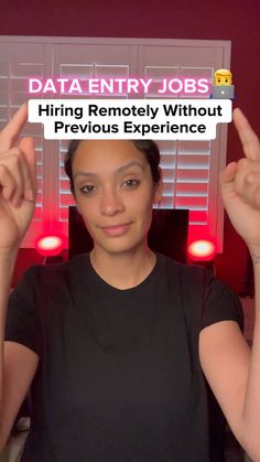 a woman holding up two fingers in front of her face with the text data entry jobs hiring remotely without previous experience