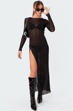 EDIKTED Glitter Mesh Slit Maxi Dress | Nordstrom Maxi Design, Swimwear Dress, Sleeve Maxi Dress, Long Sleeve Maxi, Crop Top Blouse, Party Dress Long, Nordstrom Dresses, Black Maxi Dress, Long Sleeve Maxi Dress