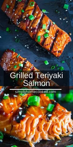 grilled teriyaki salmon on a black plate with green onions and sesame seeds