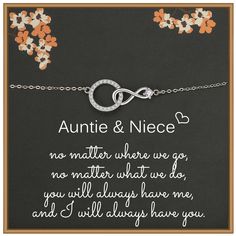 PRICES MAY VARY. Auntie Niece Infinity Bracelet: Crafted with a delicate infinity symbol and a sparkling Cubic Zirconia circle. It represents the love and unbreakable connection shared between auntie and niece. No matter where life takes you or what challenges you face, this bracelet serves as a reminder that you will always have each other. Pendant Size and Chain Length: The pendant measures approximately 10mm*25mm, while the chain has a length of 20cm,16cm with a 4.2cm extender chain. Material Infinity Bracelets For Anniversary And Mother's Day, Infinity Bracelets For Anniversary On Mother's Day, Gifts For Niece From Aunt, Birthday Gifts For Niece, Auntie And Niece, Niece Quotes From Aunt, Gifts For Niece, Niece Quotes, Niece Gifts