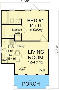 the floor plan for a small house with two bedroom and living room, including an attached garage