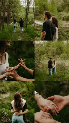 two people standing in the woods holding hands and touching each other's foreheads