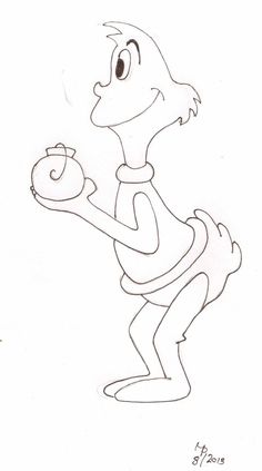 a drawing of a cartoon character holding a teapot in one hand and an apple in the other