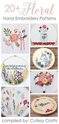 cross stitch embroidery patterns with the words, 20 floral hand embroidery patterns and images of flowers