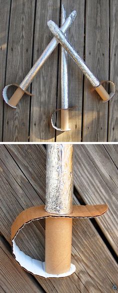 two pictures showing different angles of an object made out of toilet paper and duct tape