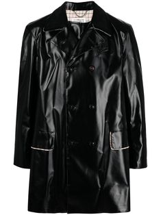 black cotton high-shine finish notched collar long sleeves double-breasted button fastening two side flap pockets When buying this unisex item, keep in mind that it is graded in standard men's sizing. Luxury Leather Double-breasted Outerwear, Leather Long Coat With Double-breasted Button, Margiela Leather Jacket, Double-breasted Leather Long Coat, Maison Margiela Trench Coat, Double Breasted Coat, Outerwear Coats, Long Coat, Black Coat