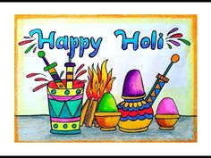 happy holi greeting card with colorful objects and firecrackers on the table