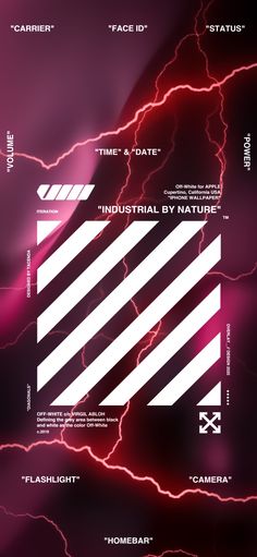 the back side of a poster with lightning and lines in red, white and black