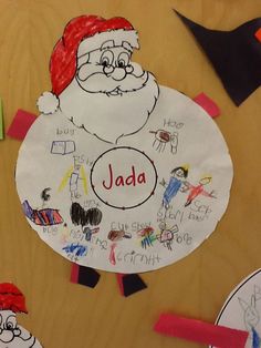 a child's drawing on a paper plate with santa clause and other handwritten letters