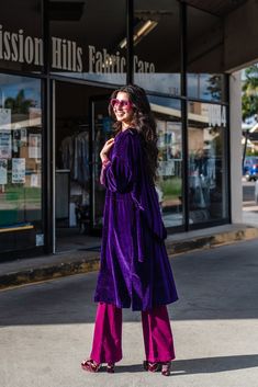 The Koi kimono is a slim sleeve variety. Featuring a fold over lapel panel, deep front pockets, contrasting and vibrant lining and a nice long waist tie. Made from a luscious stretch velvet and plum paisley lining that is dark and vobrant all at once. Machine wash on cold, gentle and hang dry. S/M : 0-12 L/XL: 14-22 Jewel Tone Outfits, Velvet Kimono, Friends Fashion, Stretch Velvet, Wholesale Fashion, Waist Tie, Plum, Koi, Paisley