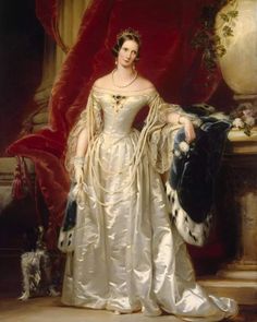 a painting of a woman in a white dress standing next to a red velvet curtain