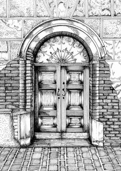 a black and white drawing of an entrance to a brick building with a sunburst above the door