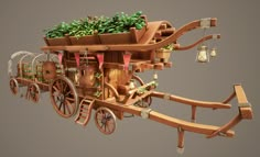 a wooden cart with plants in it is flying through the air over a gray background