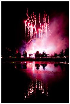 fireworks are lit up in the night sky above water and trees, with lights reflecting on the water