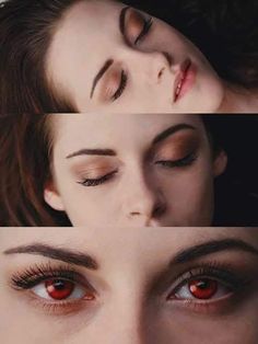 three pictures of a woman with red eyes and long lashes, one has her eyes closed