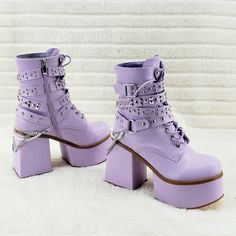 Ocho Lilac Purple Ice Multipile Strap Platform Chunky Block Heel Ankle Boots | Totally Wicked Footwear Goth Shoes, Cute Shoes Heels, Kawaii Shoes, Cute Heels, Block Heel Ankle Boots, Girly Shoes, Cute Boots, Aesthetic Shoes, Heel Ankle Boots