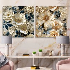 two floral paintings on the wall in a living room