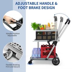 the adjustable handle and foot brake design is shown with instructions for how to use it