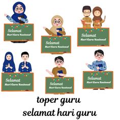 some people are holding signs and pointing to them in different languages, with the words toper guru selamat hajgur