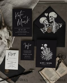 wedding stationery with skeleton artwork and black envelopes