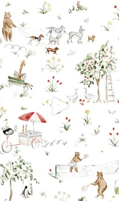 an animal themed wallpaper with animals and trees