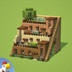 an image of a building made out of blocks and bricks with plants growing on the balconies