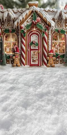 a gingerbread house decorated with candy canes and christmas decorations on top of snow covered ground