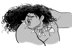 a black and white drawing of a woman with curly hair