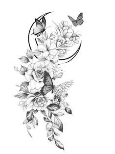 a black and white drawing of flowers with butterflies