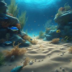 an underwater scene with sand, grass and fish