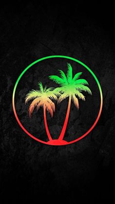 two palm trees on a black background with a red and green circle in the middle