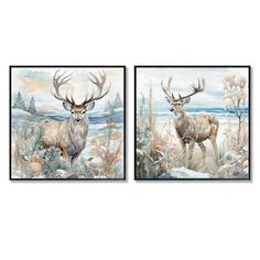 two paintings of deer in the wild with trees and water behind them, one is painted on