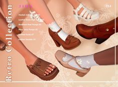 four pairs of women's shoes in different colors and sizes, all with their feet up