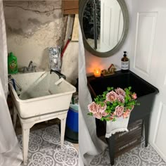 two photos side by side one has a sink and the other is a tub with flowers in it