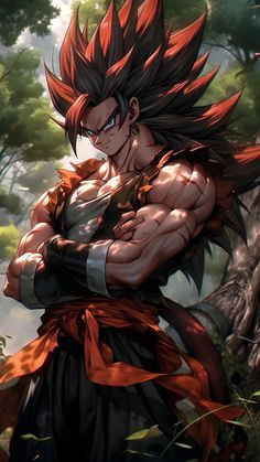 an anime character is standing in the woods with his hands on his chest and arms crossed