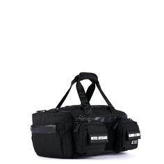 a black duffel bag with two pockets