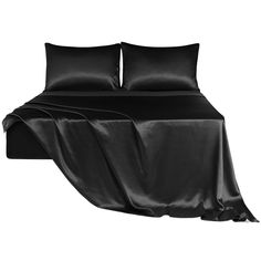 a bed with black sheets and pillows on it's headboard, in front of a white background